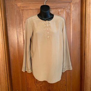 Taupe Mimi Maternity 100% Silk Blouse with Wide Sleeves and Decorative Design M